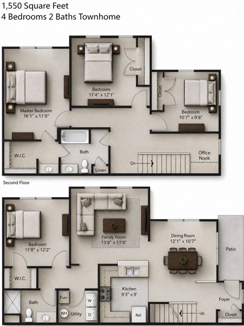 Floor plan for 4 beds, 2 baths, 1550 sqft